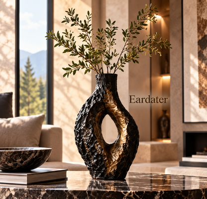 Eardater Black‑Gold Textured Hollow Sculptural Vase