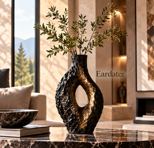 Eardater Black‑Gold Textured Hollow Sculptural Vase