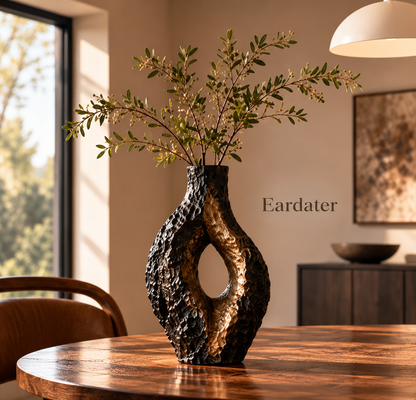 Eardater Black‑Gold Textured Hollow Sculptural Vase