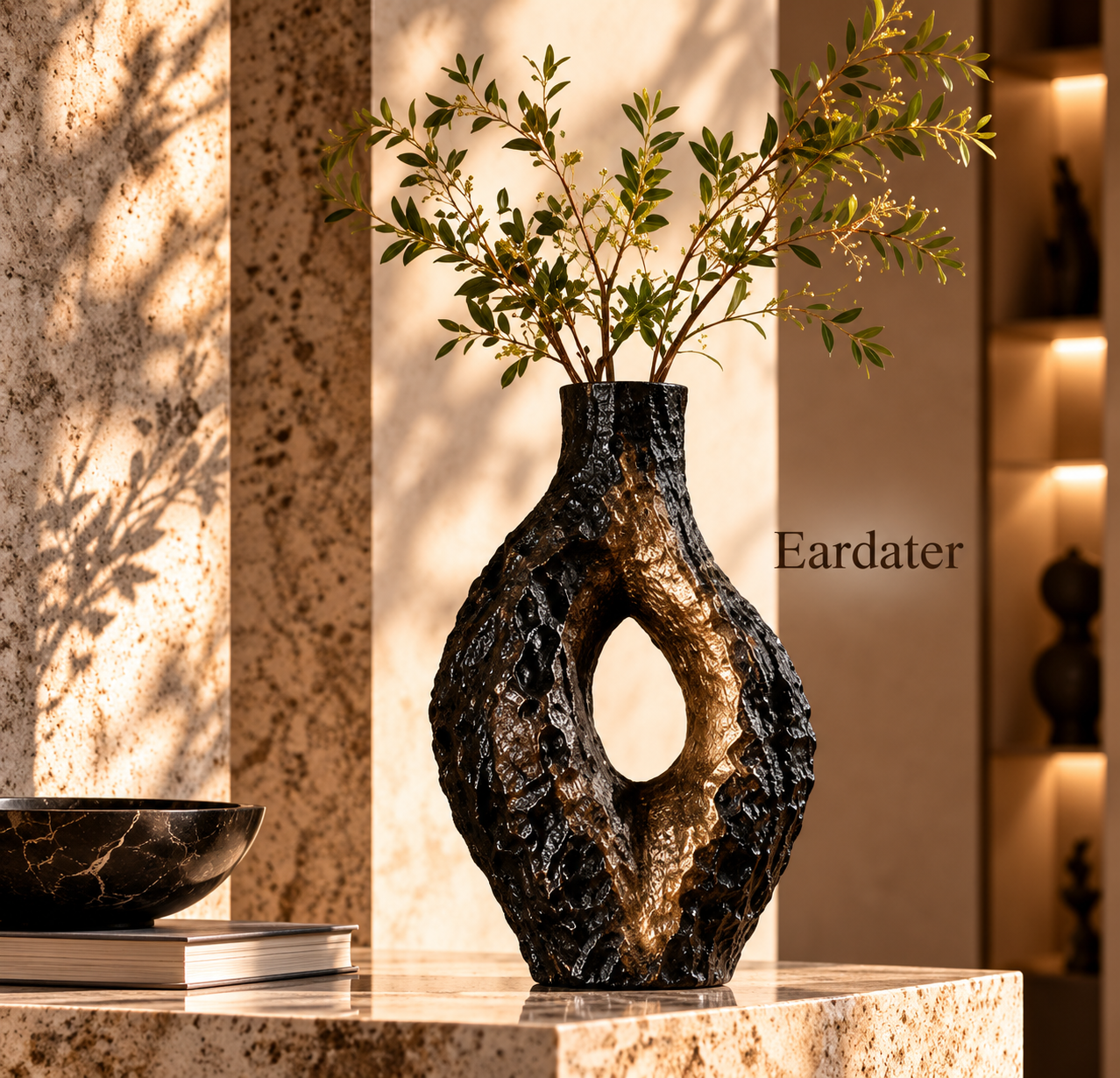 Eardater Black‑Gold Textured Hollow Sculptural Vase