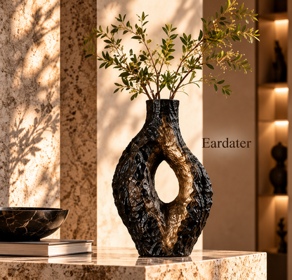 Eardater Black‑Gold Textured Hollow Sculptural Vase